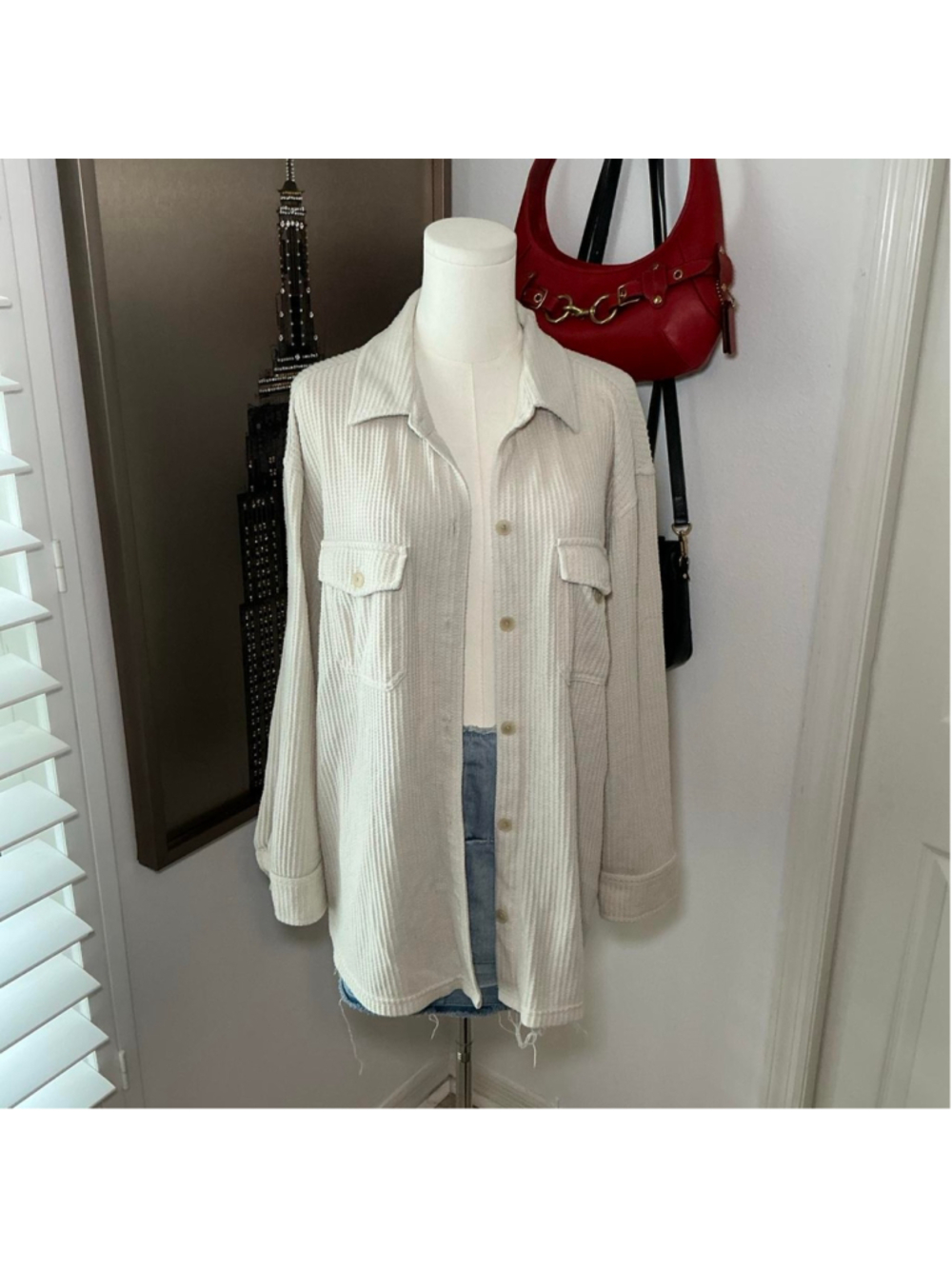 Old Navy Cream Waffle Knit Oversized Button Front Shacket Size L